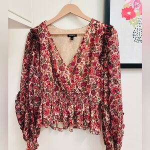 Express Women's Floral Peplum Top - Red and Pink